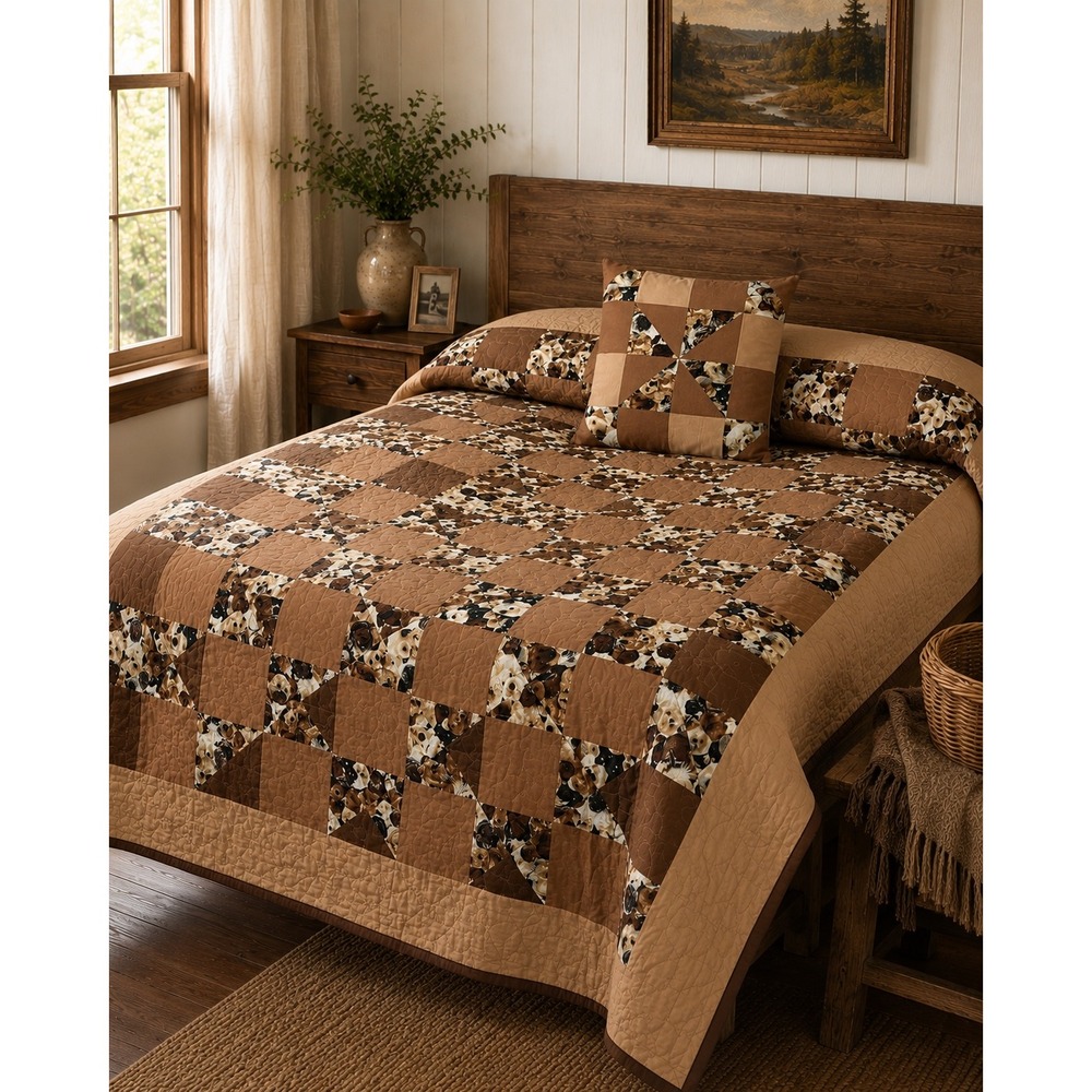 Handmade Dog Print Patchwork Quilt Full Queen 88x74 Matching Pillow Brown Tan